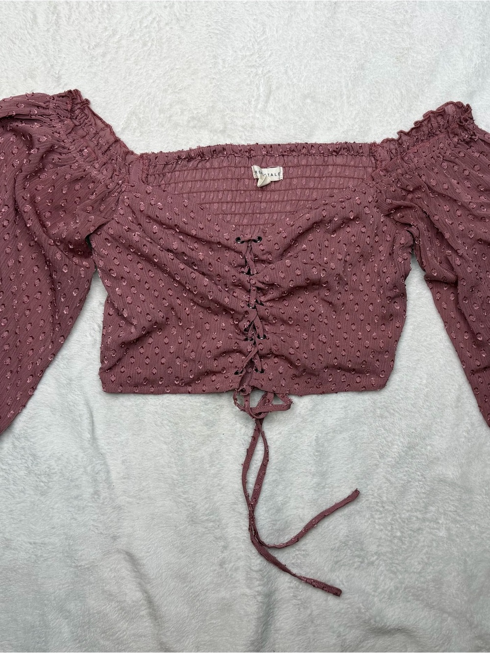 Aeropostale Mauve Lace-Up Smocked Off-Shoulder Crop Top